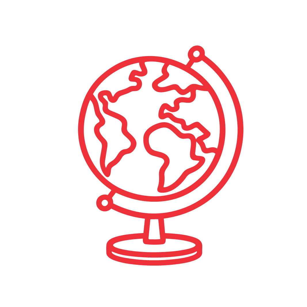 A simple red outline illustration of a globe on a stand, showing continents and lines indicating latitude and longitude, on a plain white background.