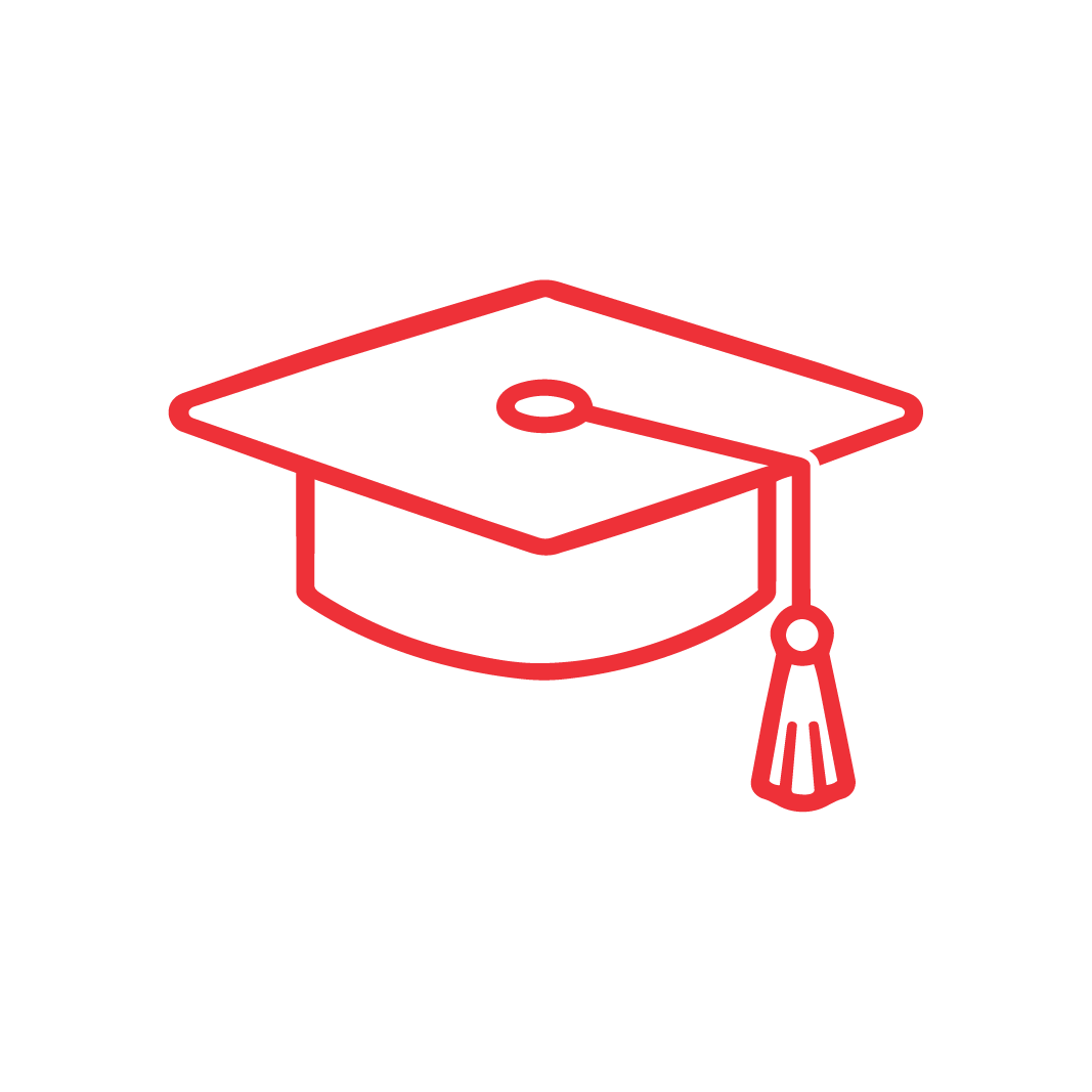 A simple red outline of a graduation cap with a tassel, centered on a plain white background.