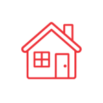 Simple red outline of a house with a chimney, one door, and a window with four panes, set against a plain white background.