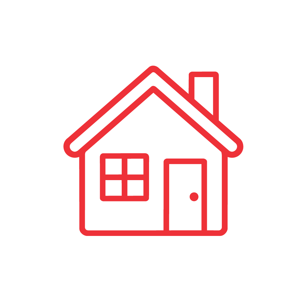 Simple red outline of a house with a chimney, one door, and a window with four panes, set against a plain white background.
