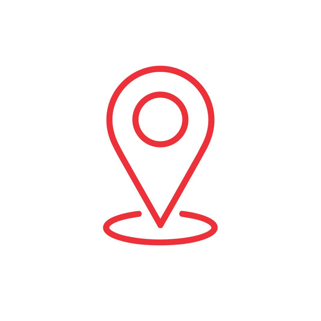 A red map pin icon with a circular base, indicating a location, on a light gray background.