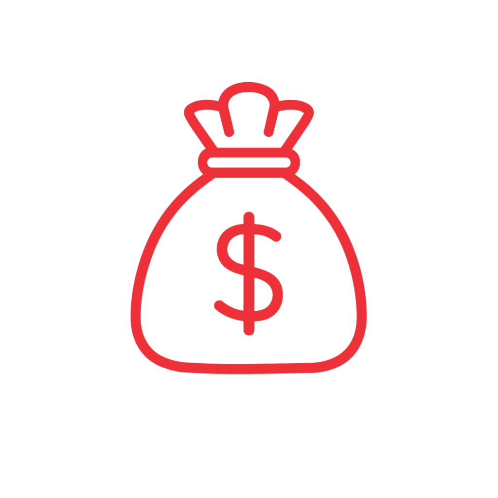 A simple red outline of a money bag with a dollar sign on the front, set against a plain white background.