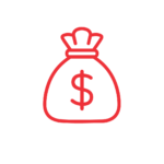 A simple red outline of a money bag with a dollar sign on the front, set against a plain white background.