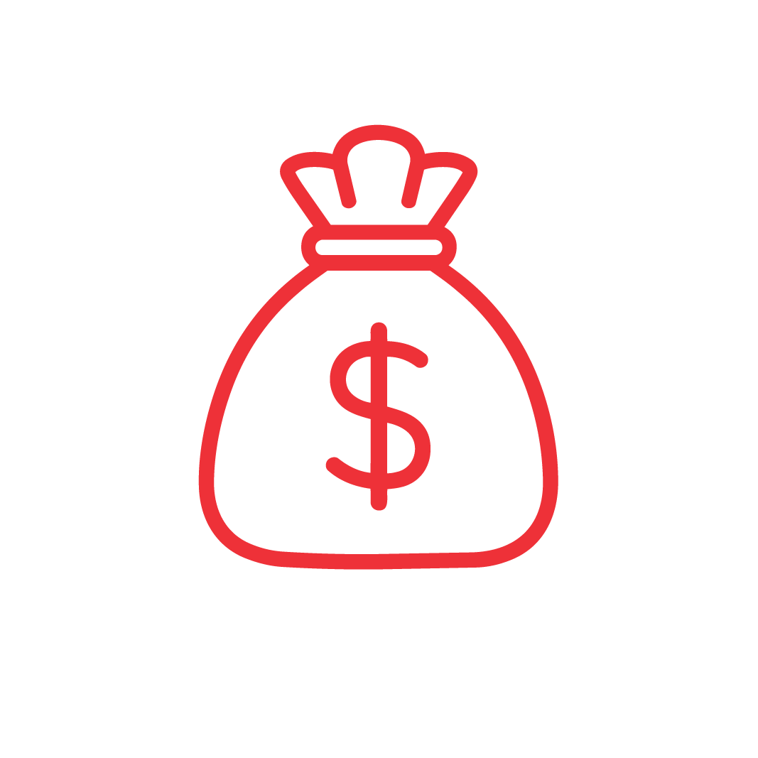 A simple red outline of a money bag with a dollar sign on the front, set against a plain white background.