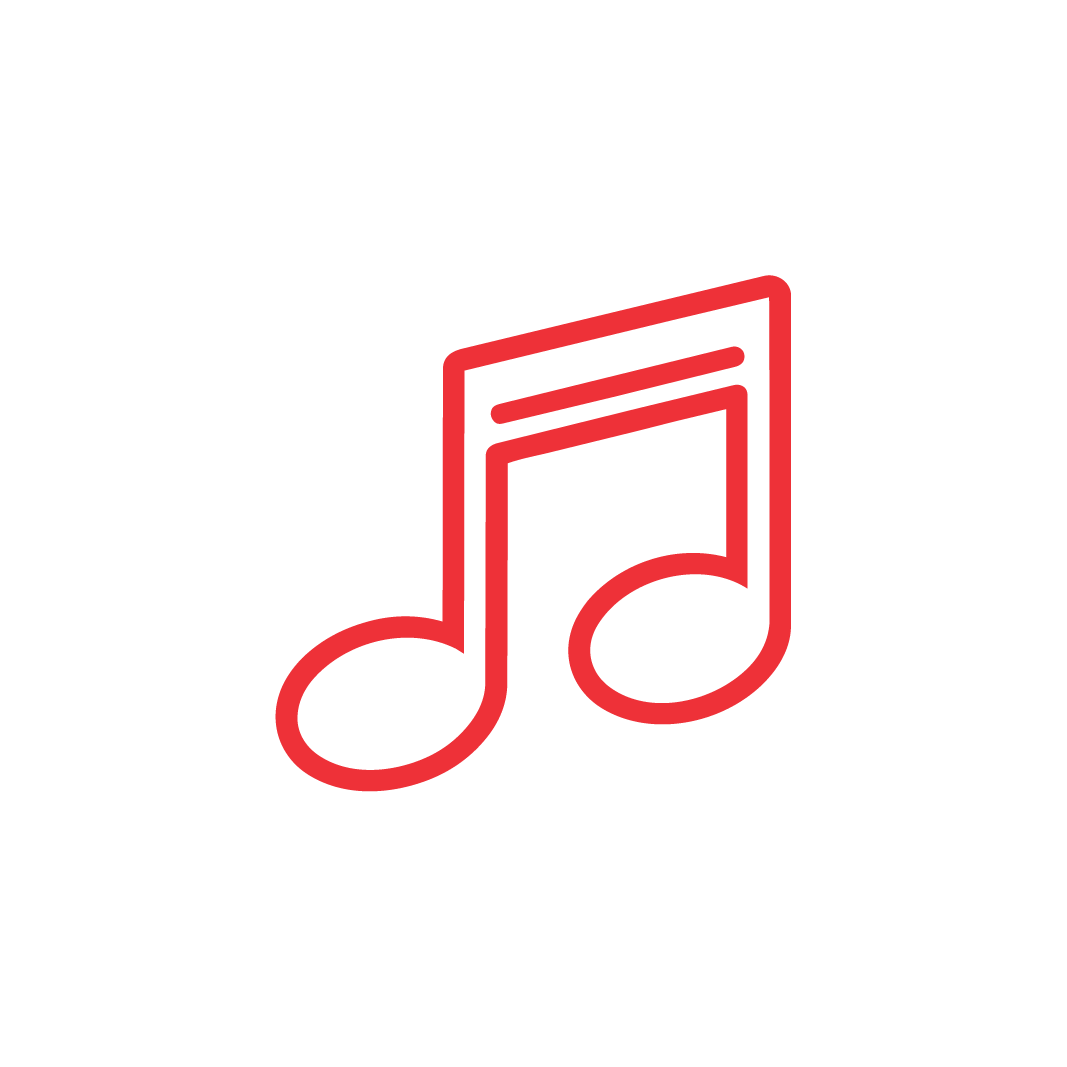 A simple red outline of a musical note with two connected eighth notes on a light gray background.