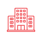 Red outline illustration of a multi-story office building with many square windows and a central entrance, set against a plain white background.