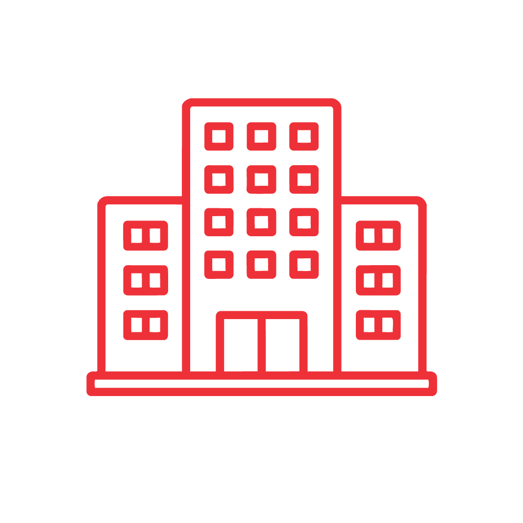 Red outline illustration of a multi-story office building with many square windows and a central entrance, set against a plain white background.