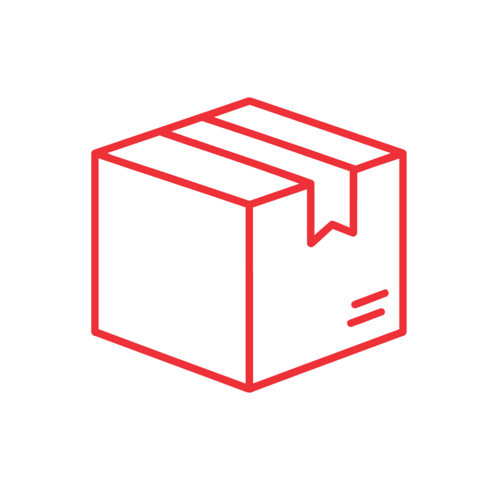 A simple red line drawing of a closed cardboard box with a piece of tape sealing the top, depicted on a plain white background.