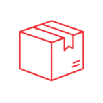 A simple red line drawing of a closed cardboard box with a piece of tape sealing the top, depicted on a plain white background.