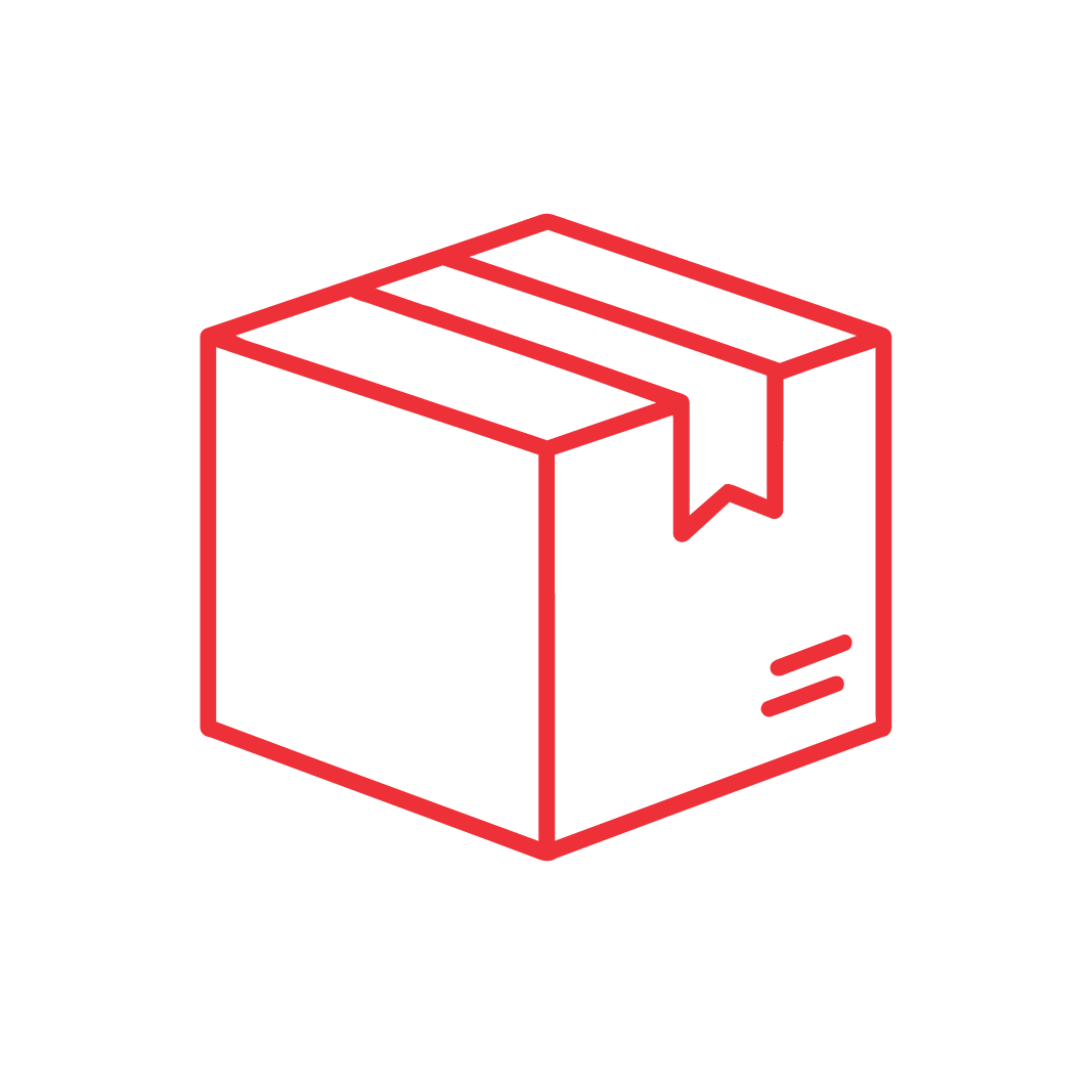 A simple red line drawing of a closed cardboard box with a piece of tape sealing the top, depicted on a plain white background.