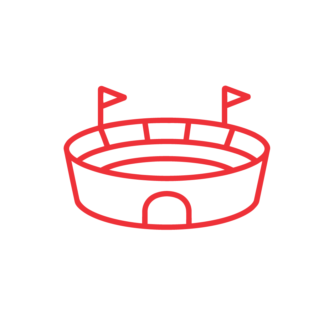 A simple red line drawing of a stadium with two flags on top, viewed from the front, on a plain white background.