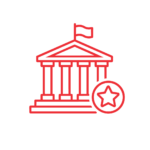 Red outline icon of a classical government building with columns and a flag on top, accompanied by a circular badge featuring a star in front, on a light background.