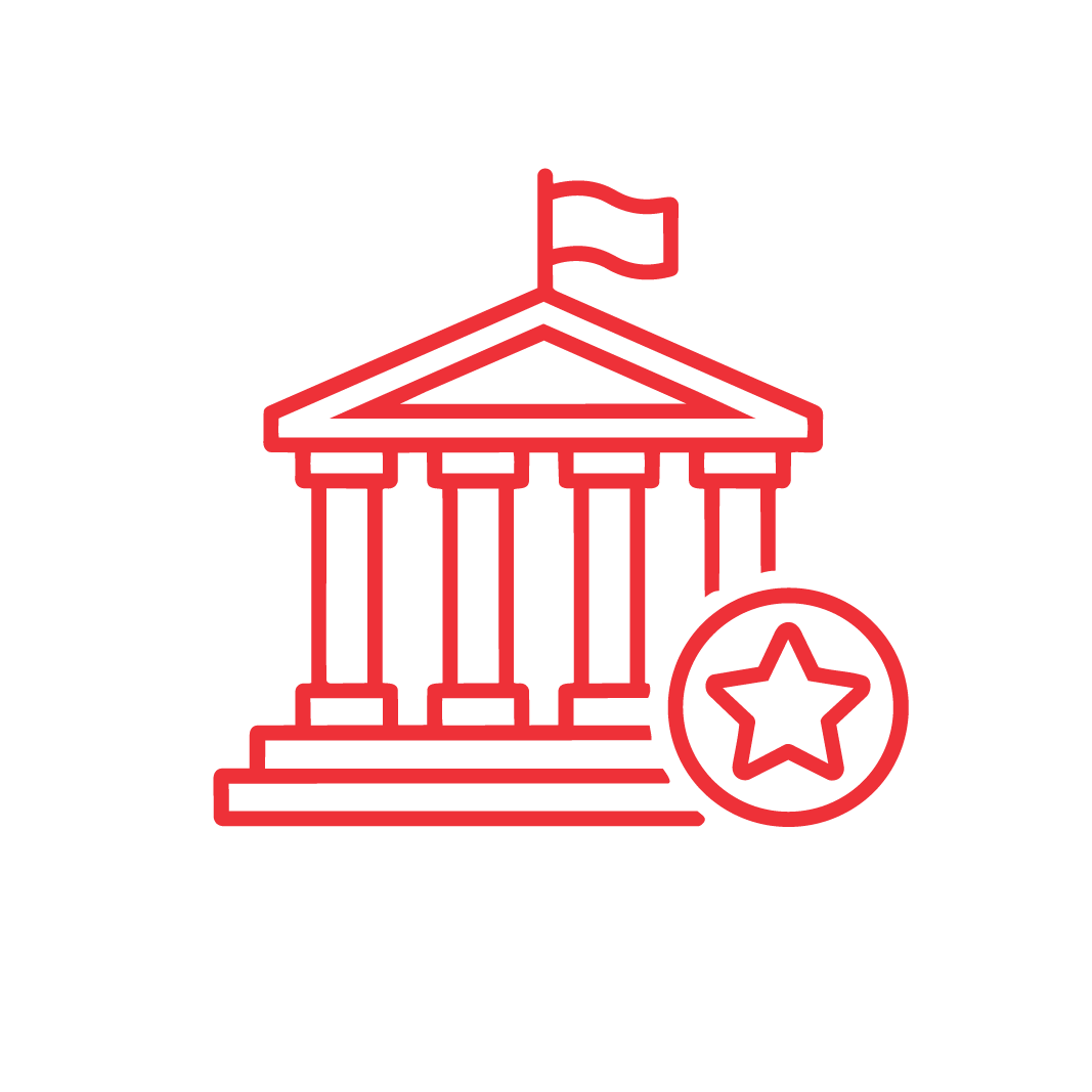 Red outline icon of a classical government building with columns and a flag on top, accompanied by a circular badge featuring a star in front, on a light background.