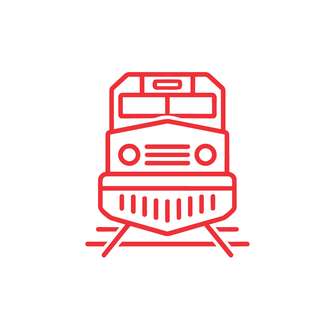 Red line drawing of a train engine viewed from the front, showing headlights, windows, and train tracks below, on a plain white background.