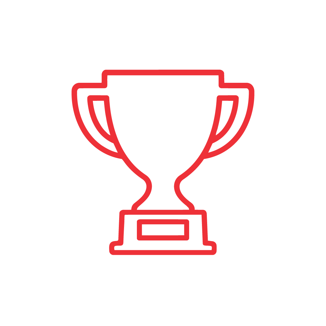 Red outline of a trophy cup with handles on both sides, displayed on a light gray background. The trophy represents achievement or success.