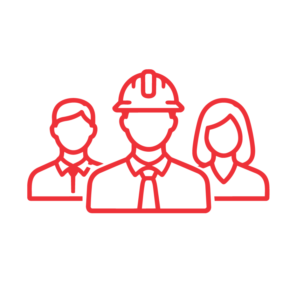 Red outline icon of three people: a person in front wearing a construction helmet and tie, flanked by two others in business attire, representing teamwork or diverse professions.