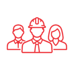 Red outline icon of three people: a person in front wearing a construction helmet and tie, flanked by two others in business attire, representing teamwork or diverse professions.