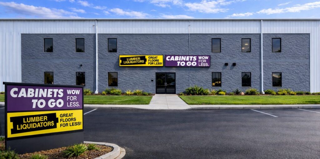 A gray and white commercial building with signs reading “CABINETS TO GO WOW FOR LESS.” and “LUMBER LIQUIDATORS GREAT FLOORS FOR LESS!” above the entrance and on a large sign in the parking lot.