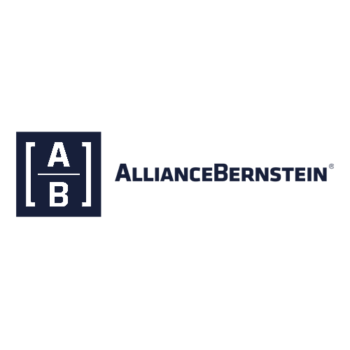 AllianceBernstein logo featuring a dark blue square with white letters "A" above "B" separated by a horizontal line, and the words "AllianceBernstein" in dark blue to the right on a light background.