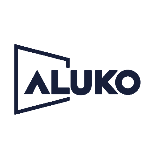 Logo with the word "ALUKO" in bold, dark blue letters. The letter "A" is stylized, and a geometric shape resembling an open doorway or frame surrounds the left side of the text. The background is light gray.