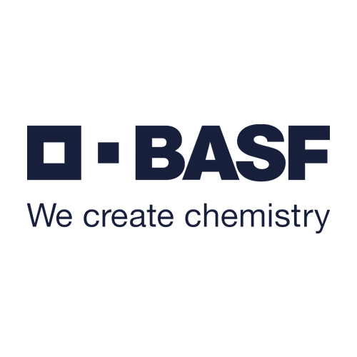 BASF logo featuring a blue square and rectangle, with the text "BASF" in bold blue letters beside it and the slogan "We create chemistry" below on a light background.