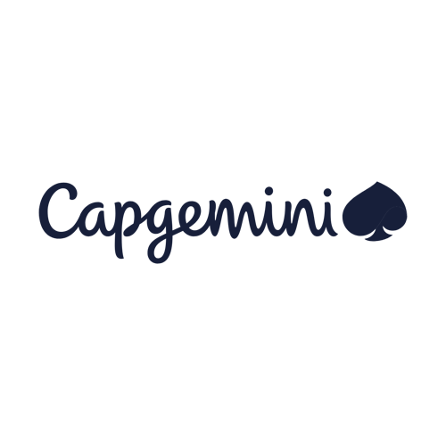 The Capgemini logo featuring the word "Capgemini" in a cursive font, ending with a solid spade symbol on a light background.
