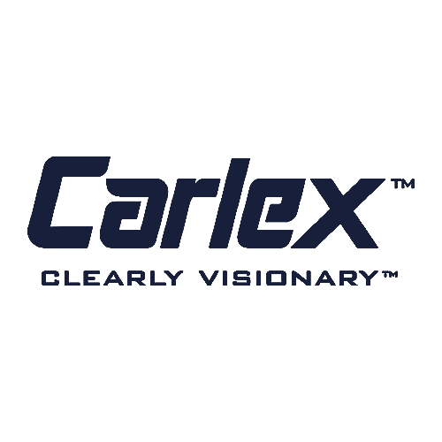 The image shows the Carlex logo. The word "Carlex" is written in bold, dark blue letters, with the tagline "CLEARLY VISIONARY" in capital letters below it. Both phrases have a trademark symbol.
