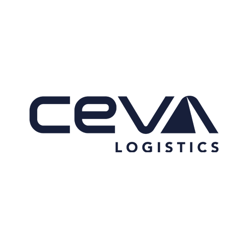 CEVA Logistics logo with the word "ceva" in lowercase navy letters, featuring a stylized "A." The word "LOGISTICS" appears below in uppercase navy letters on a light gray background.