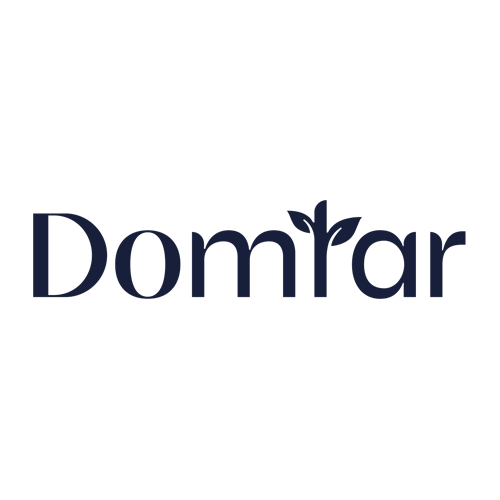 Logo with the word "Domtar" in dark blue letters on a light background. The "t" is stylized with two leaves, resembling a sprouting plant.