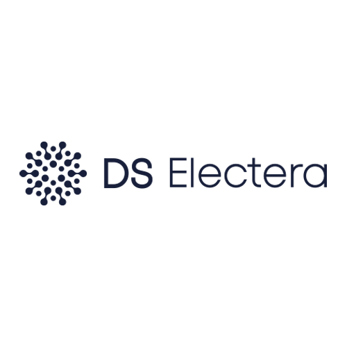 Logo for DS Electera featuring a circular pattern of connected dots on the left and the text "DS Electera" in a modern font on the right, all in dark blue on a light background.