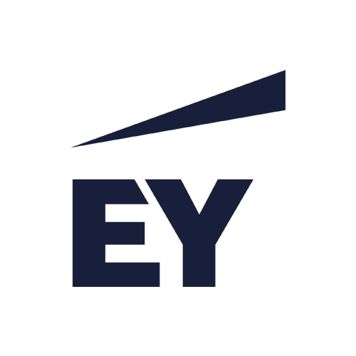 The image shows the EY logo, featuring the bold, dark blue letters "EY" with a diagonal bar above them on a light gray background.