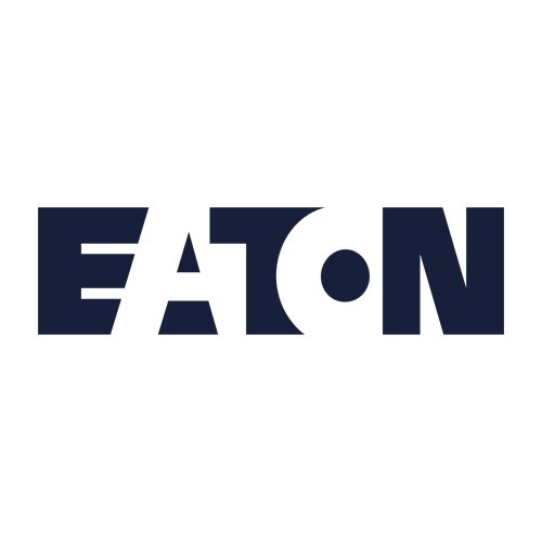 The image shows the Eaton logo with bold, dark blue letters spelling "EATON" on a light gray background. The letters feature geometric shapes and cutouts, giving the text a modern and stylized look.