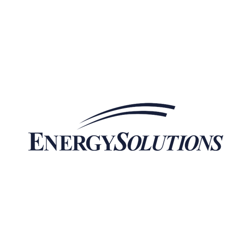 Logo for EnergySolutions with the company name in blue serif font. Two curved blue lines arch above the text on a light gray background, giving a sense of motion or energy.