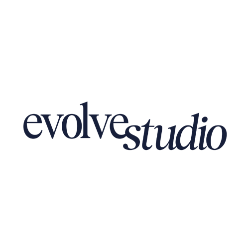 The image shows the text "evolve studio" in a dark, elegant serif font on a light background.
