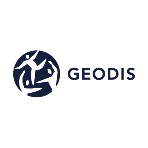 GEODIS logo featuring three abstract human figures within a navy blue circle, positioned next to the word "GEODIS" in bold, uppercase navy text on a light gray background.