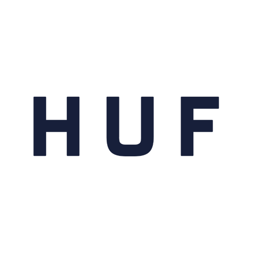 The image shows the word "HUF" in bold, dark blue capital letters centered on a light gray background.