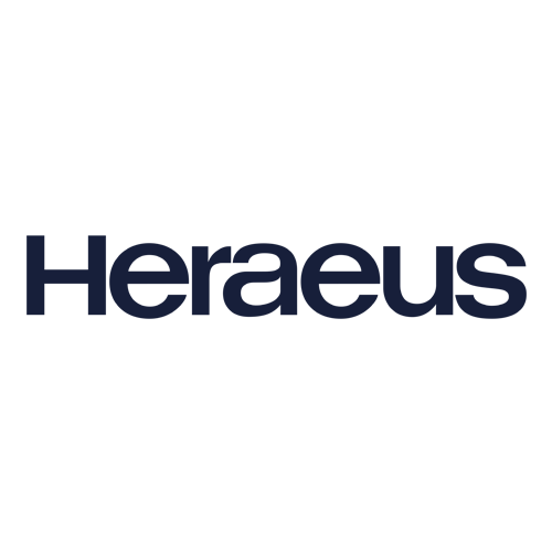 The image shows the word "Heraeus" in bold, dark blue letters on a light gray background.