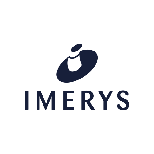 Imerys logo featuring a dark blue abstract circular shape above the word "IMERY S" in bold, uppercase letters on a light gray background.