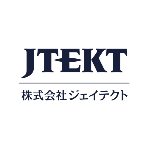 JTEKT logo in bold, dark blue letters with a stylized horizontal cut in the letter "E." Below, Japanese characters spell out the company name on a light gray background.