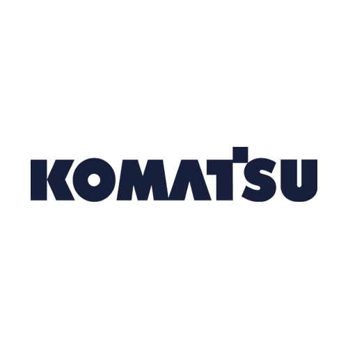 The image shows the Komatsu logo with the word "KOMATSU" in bold, dark blue capital letters on a light grey background. The "T" is larger and extends above the other letters.