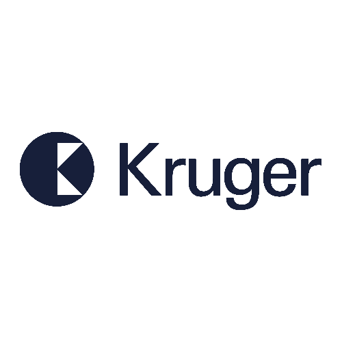 Dark blue geometric "K" logo in a circle followed by the word "Kruger" in bold, modern font, all on a light gray background.