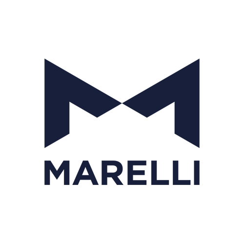 A bold, dark blue geometric "M" logo appears above the word "MARELLI" in capital letters on a light gray background.