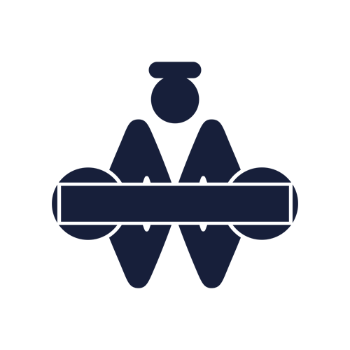 Minimalist dark blue bee icon on a light gray background, with geometric shapes forming the bee's wings, body, and head, and two circles at each end representing the wings.