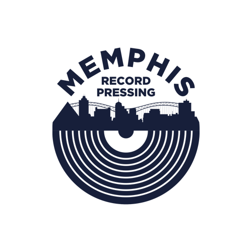 Logo for Memphis Record Pressing featuring a stylized vinyl record with the Memphis city skyline and bridge above it. The text “MEMPHIS RECORD PRESSING” appears in bold letters.