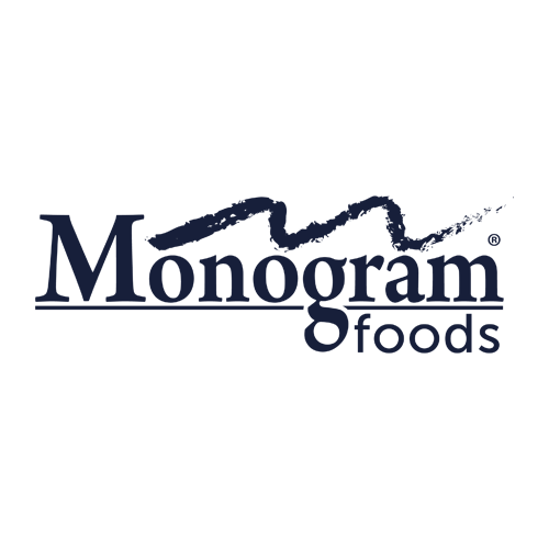 Monogram Foods logo with "Monogram" in large navy letters, a brushstroke zigzag above the "n" and "o", and "foods" in smaller lowercase letters underneath on a light background.