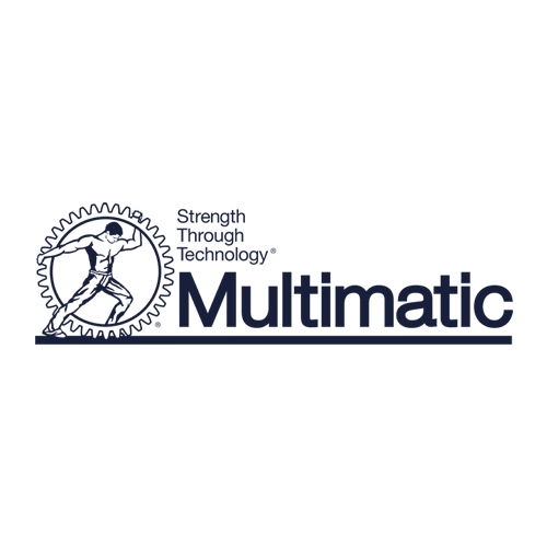 The Multimatic logo features a stylized figure pushing a large gear, with the words "Strength Through Technology" above the bold "Multimatic" text on a white background.