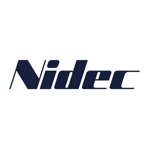 The image shows the Nidec logo, featuring the word "Nidec" in bold, dark blue, italicized letters on a light gray background.