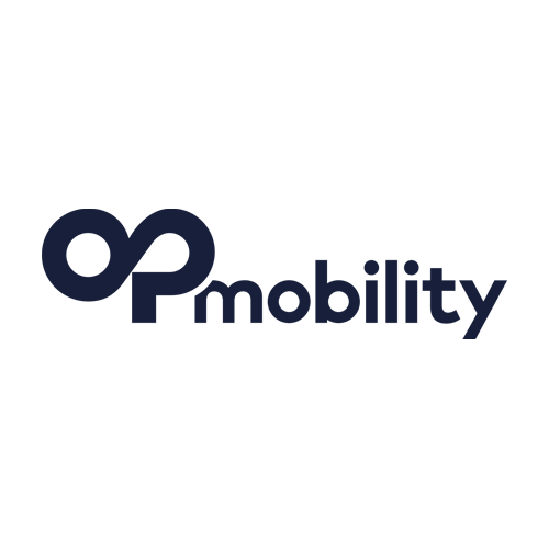 Logo for OPmobility featuring a stylized dark blue "OP" followed by the word "mobility" in lowercase letters, all on a light gray background.