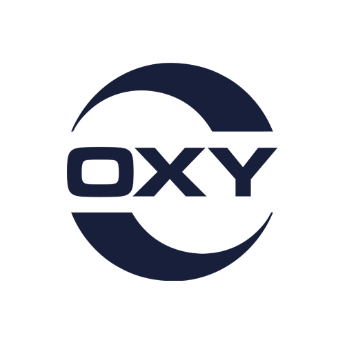 The image shows a dark blue "OXY" logo, with the word "OXY" in bold capital letters. The text is partially surrounded by two curved shapes forming a broken circle on a light gray background.