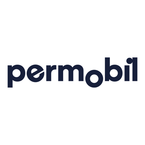 The image shows the word "permobil" in lowercase, bold, dark blue letters on a light gray background. The style is modern and simple, and the "o" is solid and circular, standing out from the other letters.